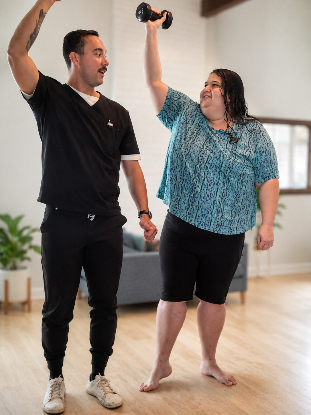 A participant building strength with individualized assistance